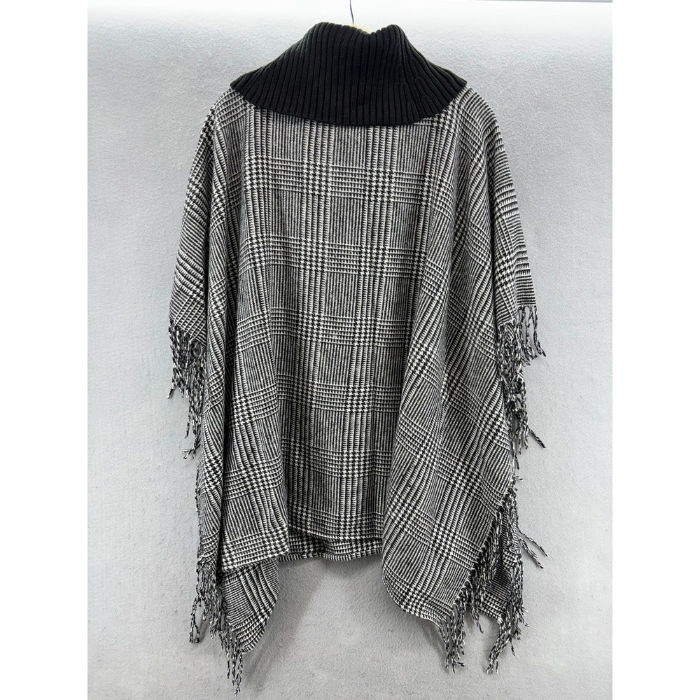 NWT Talbots Poncho Women ML Black White Glen Plaid Fringe Turtleneck Wool Blend - Picture 11 of 12